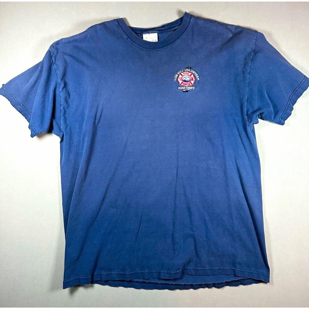 Vintage Hanes Blue Log Hill Volunteer Fire Dept Logo Crew Neck Tee Mens L